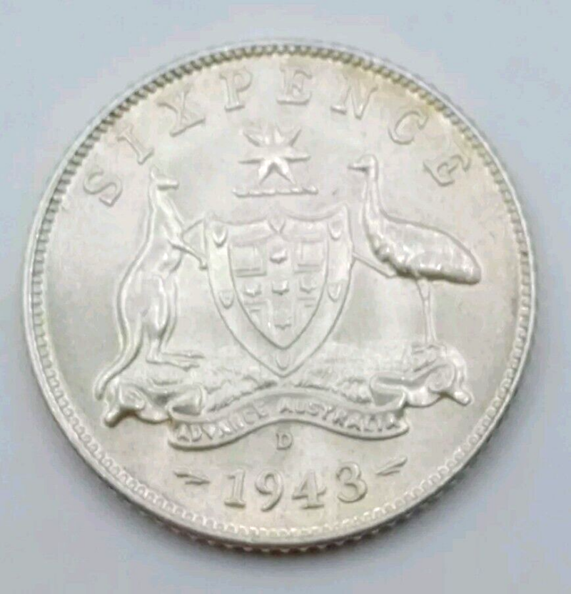 1943 D Australian 6 Pence silver coin AU+ - Image 4
