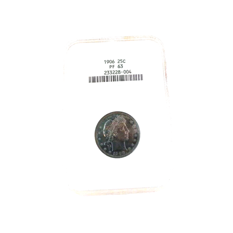 1906 25C Barber Quarter NGC PF63 Nearly Cameo Rainbow Soapbox Holder