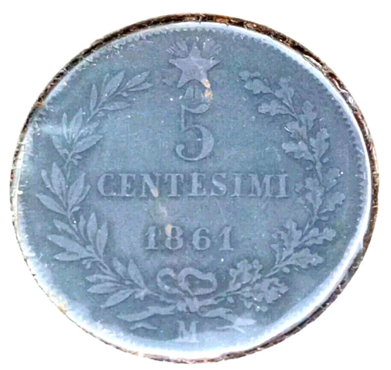 1861-M Italy 5 Centesimi, Copper, KM#3.2 F - Image 4