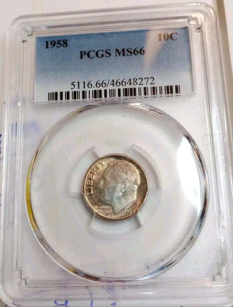1958 10C PCGS MS66 ONE DIME COIN. AMAZING TONING