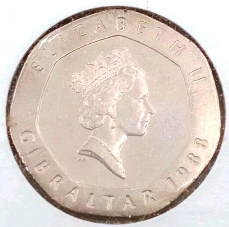 1988 Gibraltar 20 Pence Coin, Our Lady of Europa, bust of Queen Elizabeth II XF+