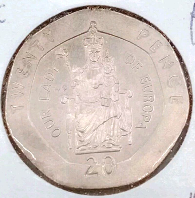 1988 Gibraltar 20 Pence Coin, Our Lady of Europa, bust of Queen Elizabeth II XF+ - Image 2