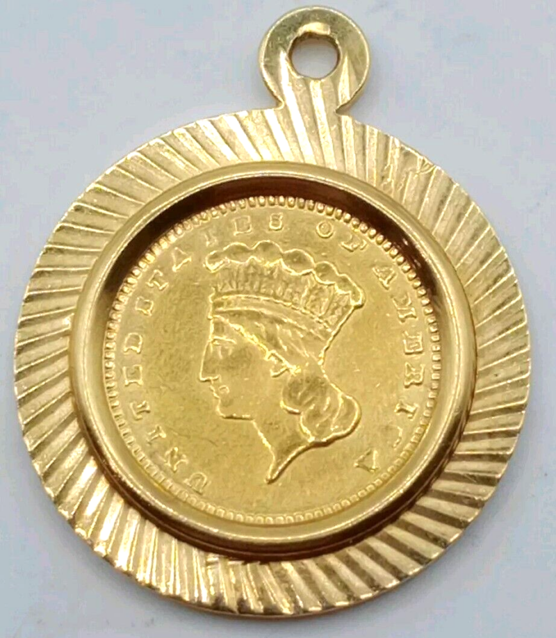 1889 $1.00 Indian Princess Head US Gold Coin 18K Gold Bezel - Image 3