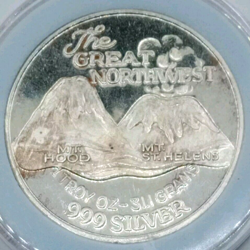 Great Northwest Mt. Hood St Helens Coin 1 Troy Oz .999 Fine Silver Round Medal