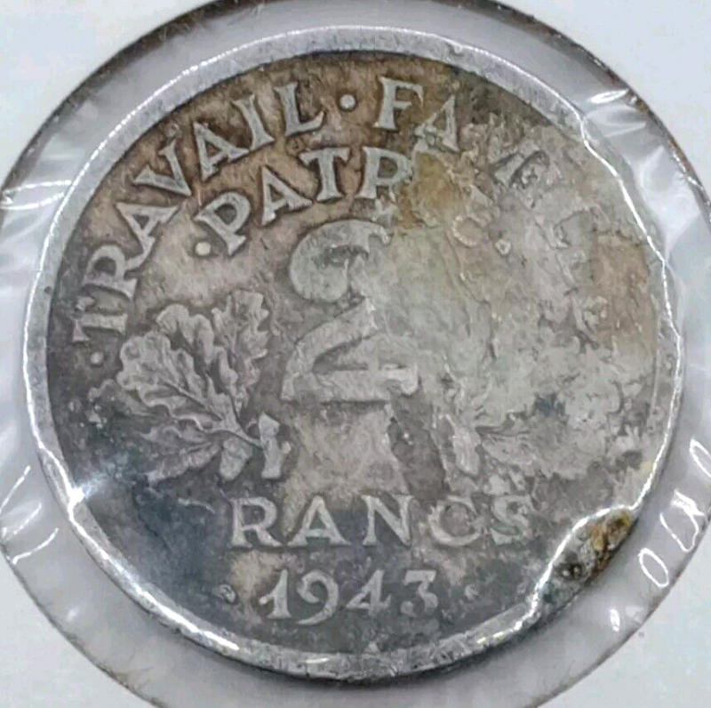 1943-B  France  2 Francs Coin - KM#904.2 - Gouge Reverse - Image 2