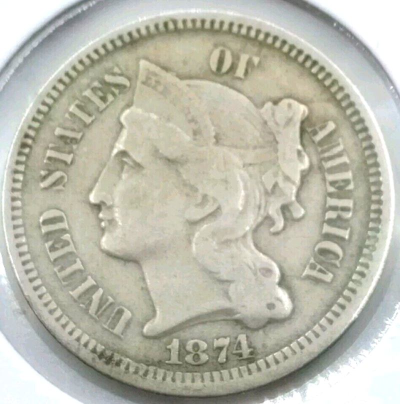 1874 3c Liberty Three Cent Nickel Coin VF+++ - Image 3
