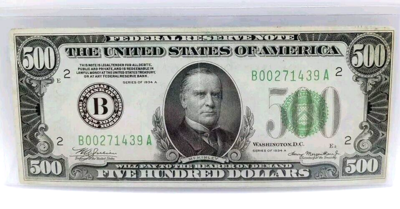 $500 Dollar Bill Note President McKinley Federal Reserve Note-series 1934 A