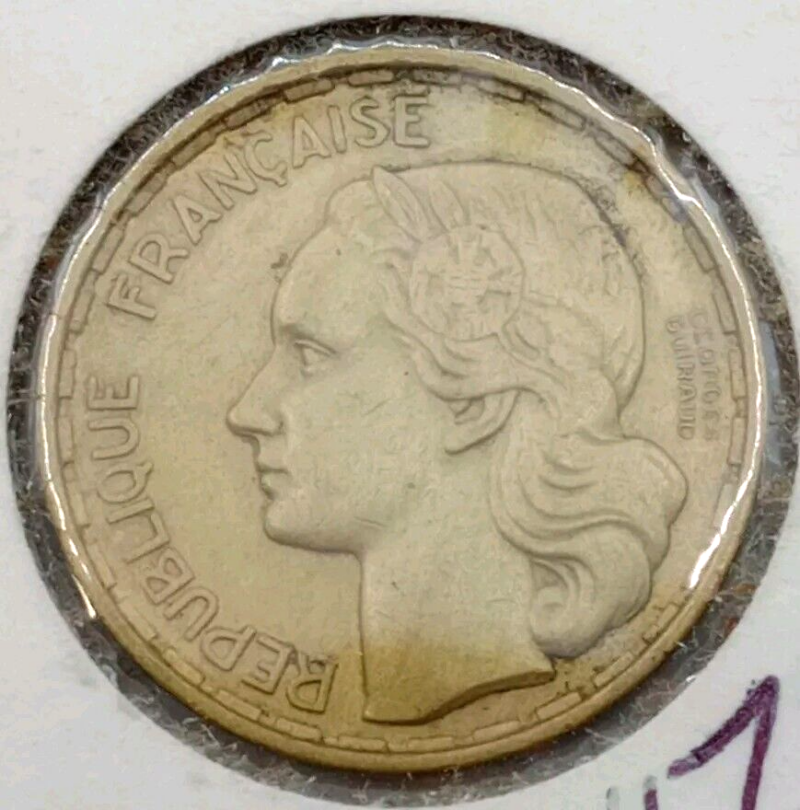 1950-B FRANCE 20 Francs Coin - ( 3-Plume Variety)  KM#916.2 XF