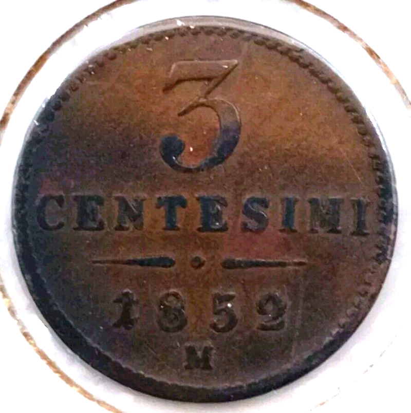 Lombardy-Venetia, Italian States scarce 1852M copper 3 Centesimi, 1-yr type